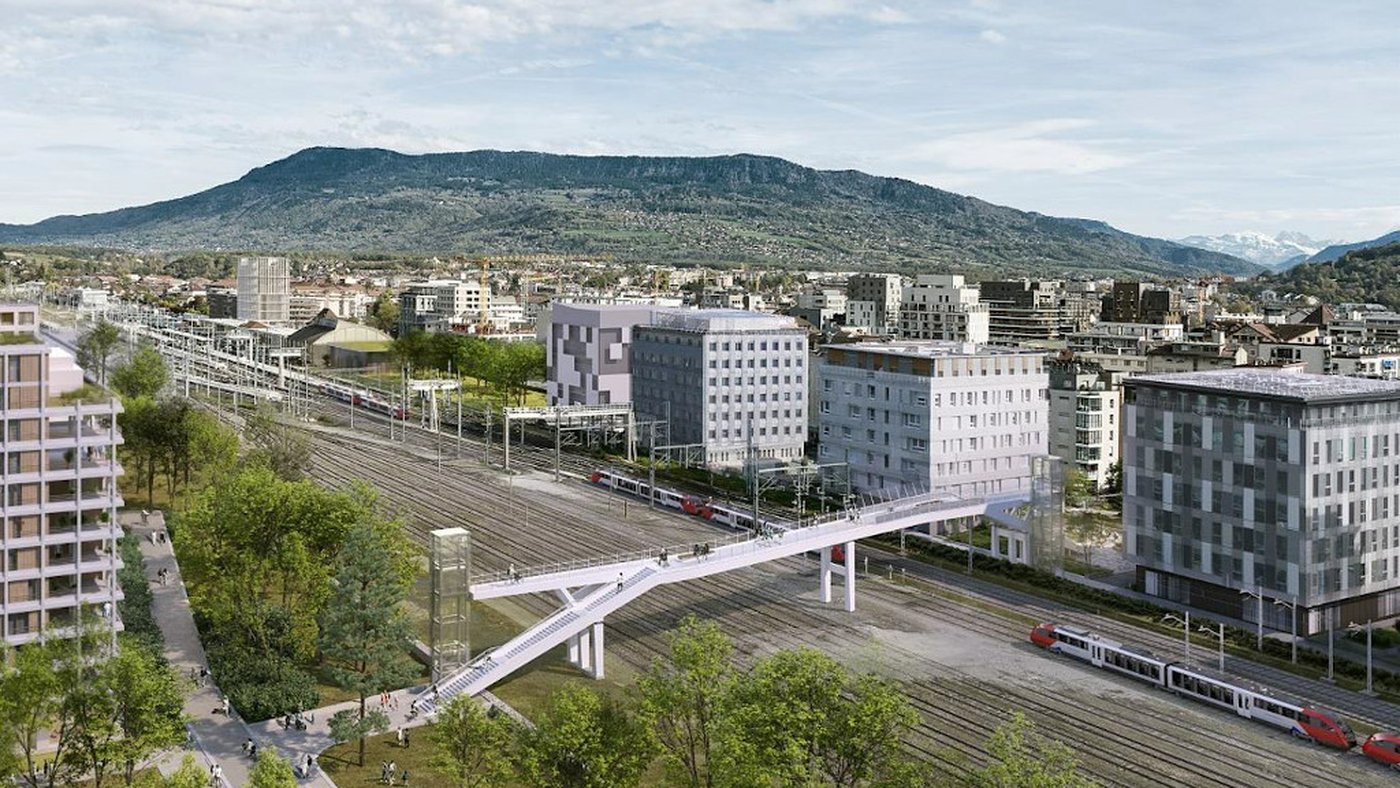 Vue aérienne de la future passerelle de l'écoquartier de l'Étoile franchissant les voies ferrées entre Annemasse et Ambilly