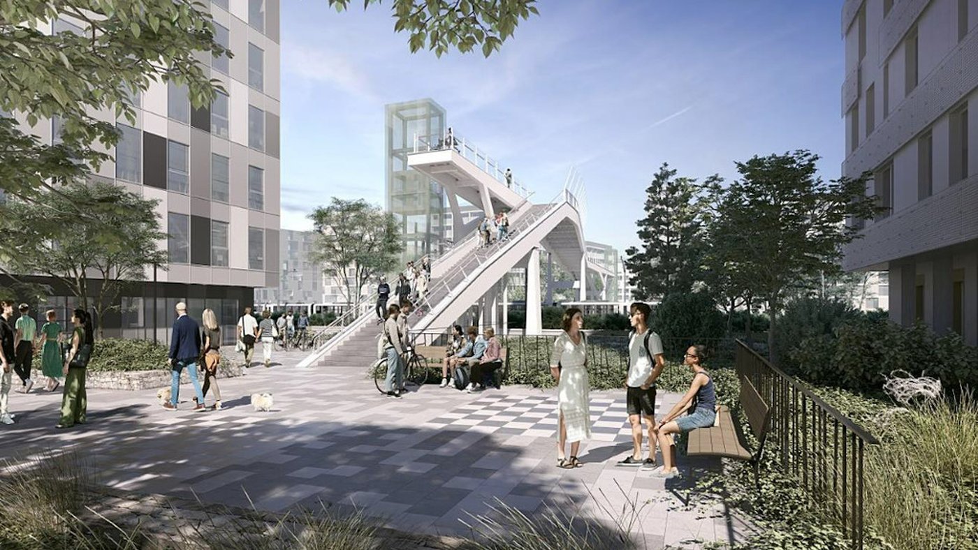 Perspective de la passerelle piétonne et cycliste de l'écoquartier de l'Étoile, vue depuis le pied de l'ouvrage