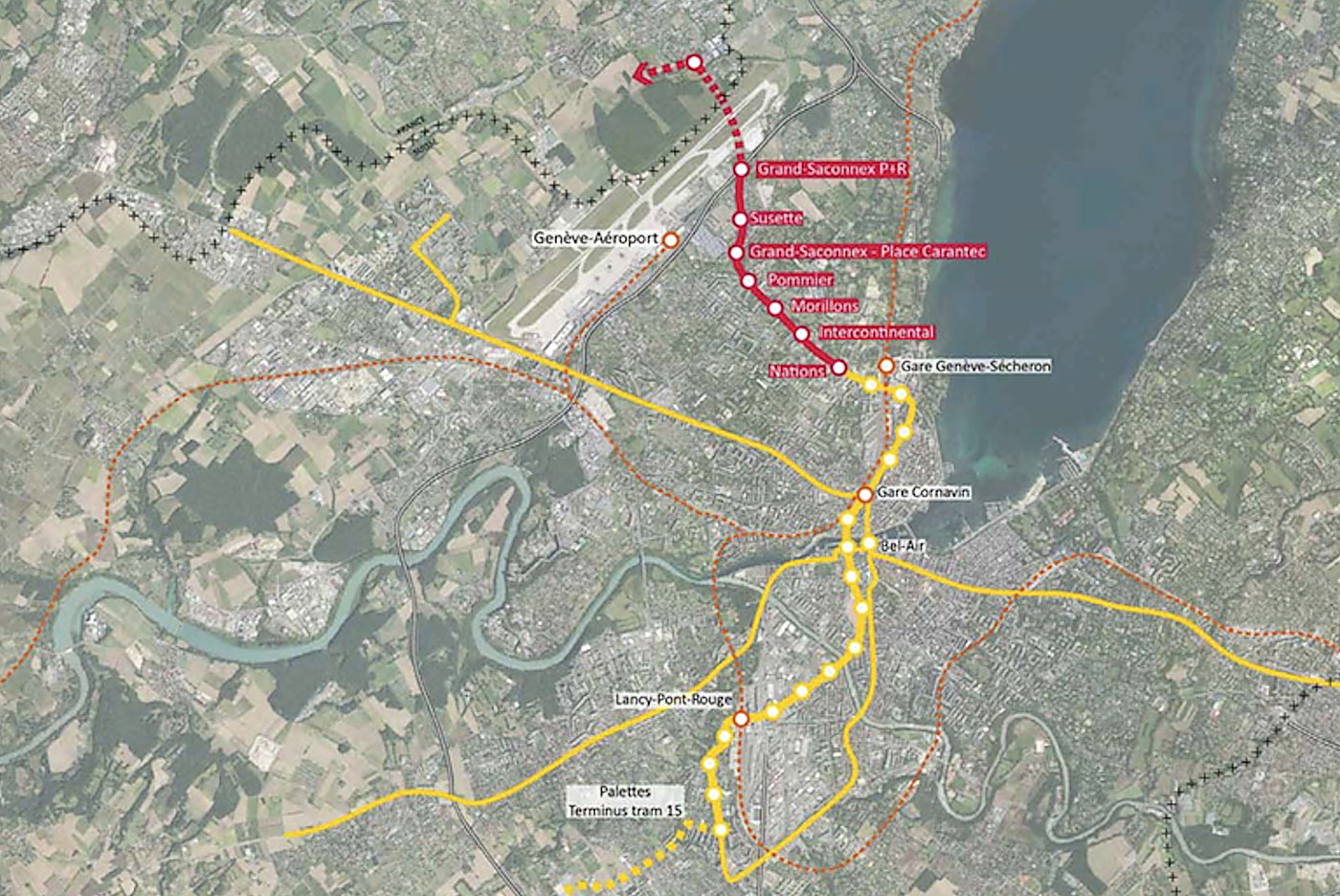 Carte du trac&eacute; du Tram des Nations entre la place des Nations et le Grand-Saconnex P+R, avec les stations Intercontinental, Morillons, Pommier, Grand-Saconnex Place Carantec et Susette